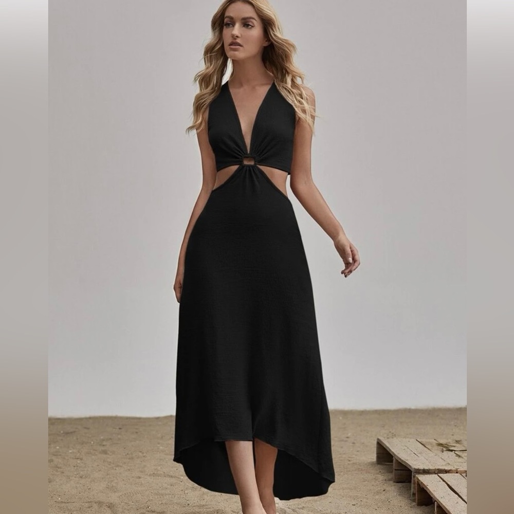 Black resort wear dress with cut out